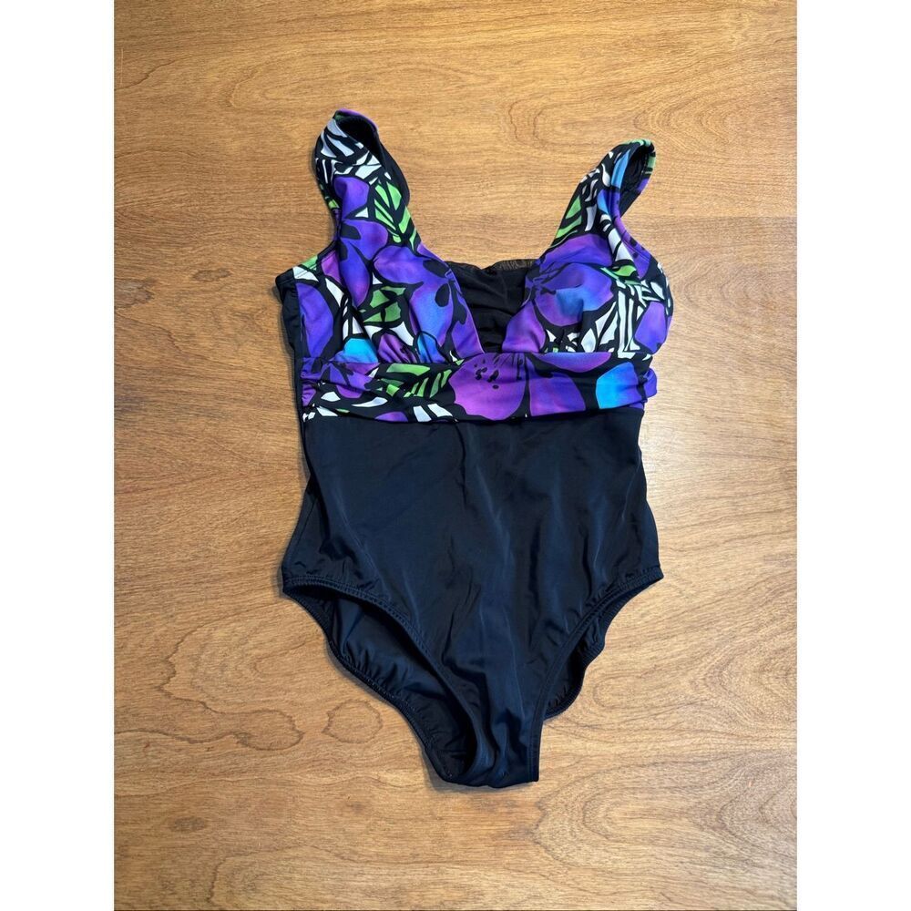 Longitude Women's Floral Print One Piece Bathing Swimsuit Black Purple Small